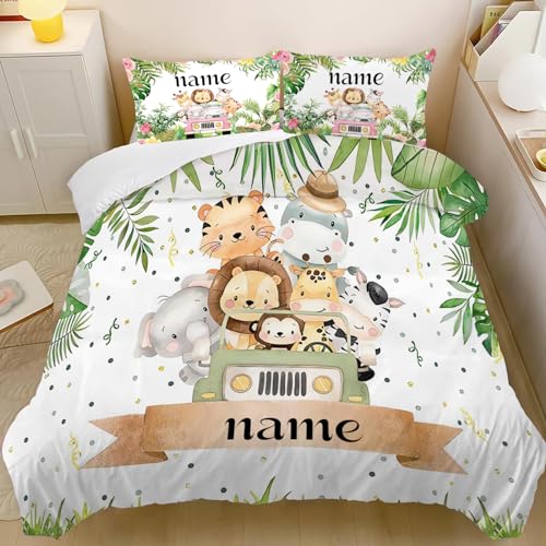 CHEFFS Personalisierte Baby Bettwäsche mit Tiere, Elefant Zebra Giraffe Löwe Kinderbettwäsche Mit Namen, Personalisierter Wildtier Tiere Bettbezug Und Kissen (140 x 210 cm,1) von CHEFFS