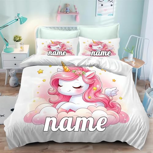 CHEFFS Personalisierte Bettwäsche mit Name Text, Einhorn Bettwäsche 135x200cm Kinderbettwäsche Einhorn Mädchen Bettbezug Set mit Reißverschluss (140 x 210 cm,1) von CHEFFS