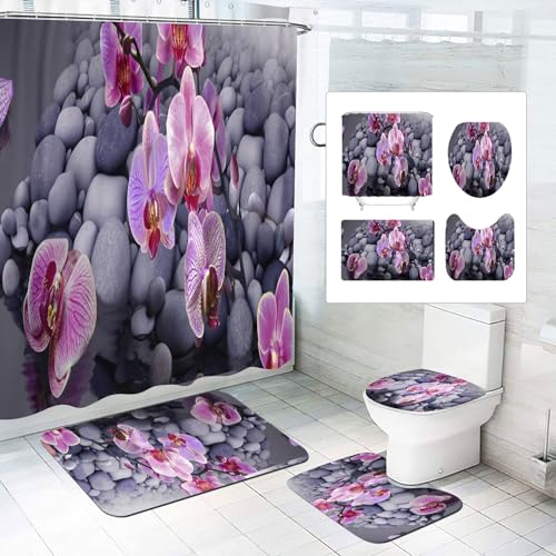 CHEFFS Rose Duschvorhang 180x200 180x180 Blumen Blätter Pflanzen Grüne Rosa Duschvorhänge Textil Badezimmerteppich 4-teiliges Set Wasserdichtes Blume Shower Curtains (180 x 180 cm(BxH),4) von CHEFFS