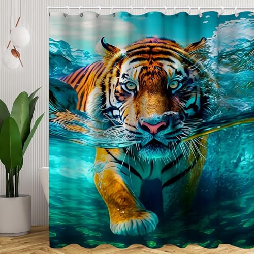 CHEFFS Tiger Duschvorhang 180x180 180x200 Tiger Wald Tier Bunt Blumen Duschvorhänge Textil Polyester Wilde Tiere Blätter Shower Curtains Wasserdicht (180 x 180 cm(BxH),1) von CHEFFS