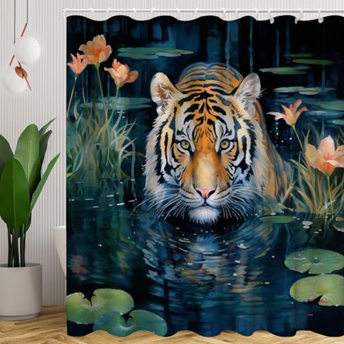 CHEFFS Tiger Duschvorhang 180x180 180x200 Tiger Wald Tier Bunt Blumen Duschvorhänge Textil Polyester Wilde Tiere Blätter Shower Curtains Wasserdicht (180 x 200 cm(BxH),2) von CHEFFS