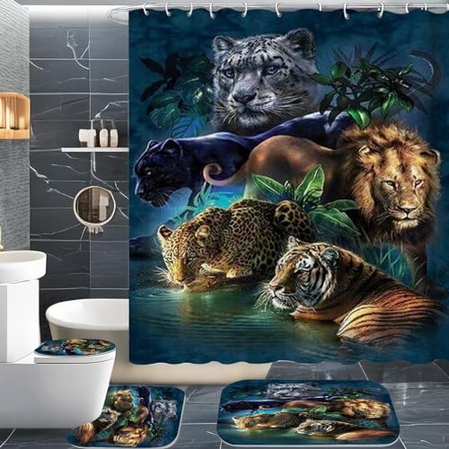 CHEFFS Tiger Duschvorhang 180x180 180x200 Tiger Wald Tier Textil Duschvorhänge Set Polyester Wilde Tiere Shower Curtains Badezimmerteppich 4-teiliges Set (200 x 200 cm(BxH),5) von CHEFFS