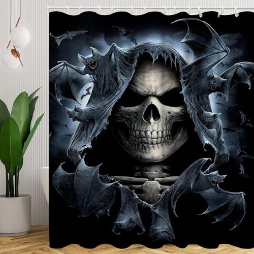 CHEFFS Totenkopf Duschvorhang 180 x 200 180 x 180 Totenkopf Rose Skull Gothic Duschvorhänge Polyeste Skull Halloween Skelett Duschvorhang Badezimmer Vorhänge (120 x 200 cm(BxH),1) von CHEFFS