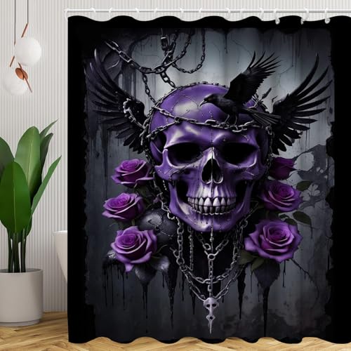 CHEFFS Totenkopf Duschvorhang 180 x 200 180 x 180 Totenkopf Rose Skull Gothic Duschvorhänge Polyeste Skull Halloween Skelett Duschvorhang Badezimmer Vorhänge (200 x 200 cm(BxH),2) von CHEFFS