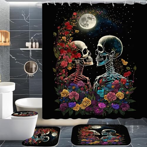 CHEFFS Totenkopf Duschvorhang 180 x 200 180 x 180 Totenkopf Rose Skull Gothic Duschvorhänge Polyeste Skull Halloween Skelett Duschvorhang Badezimmermatte 4-teiliges Set (120 x 200 cm(BxH),3) von CHEFFS