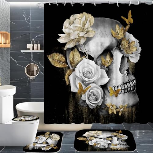 CHEFFS Totenkopf Duschvorhang 180 x 200 180 x 180 Totenkopf Rose Skull Gothic Duschvorhänge Polyeste Skull Halloween Skelett Duschvorhang Badezimmermatte 4-teiliges Set (120 x 200 cm(BxH),6) von CHEFFS