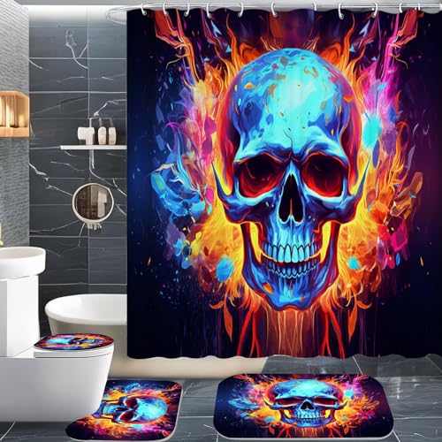 CHEFFS Totenkopf Duschvorhang 180 x 200 180 x 180 Totenkopf Rose Skull Gothic Duschvorhänge Polyeste Skull Halloween Skelett Duschvorhang Badezimmermatte 4-teiliges Set (120 x 200 cm(BxH),7) von CHEFFS