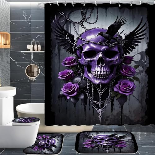 CHEFFS Totenkopf Duschvorhang 180 x 200, 180 x 180, Gothic Duschvorhänge Polyester, 4-teiliges Badezimmer-Set (180 x 180 cm(BxH), 2) von CHEFFS