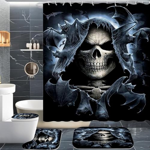 CHEFFS Totenkopf Duschvorhang 180 x 200 180 x 180 Totenkopf Rose Skull Gothic Duschvorhänge Polyeste Skull Halloween Skelett Duschvorhang Badezimmermatte 4-teiliges Set (180 x 200 cm(BxH),1) von CHEFFS