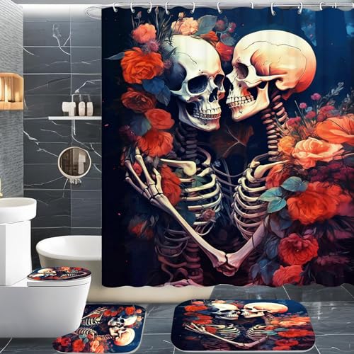 CHEFFS Totenkopf Duschvorhang 180 x 200 180 x 180 Totenkopf Rose Skull Gothic Duschvorhänge Polyeste Skull Halloween Skelett Duschvorhang Badezimmermatte 4-teiliges Set (180 x 200 cm(BxH),4) von CHEFFS