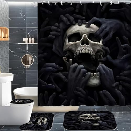 CHEFFS Totenkopf Duschvorhang 180 x 200 180 x 180 Totenkopf Rose Skull Gothic Duschvorhänge Polyeste Skull Halloween Skelett Duschvorhang Badezimmermatte 4-teiliges Set (180 x 200 cm(BxH),5) von CHEFFS