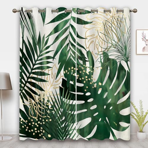 CHEFFS Tropische Blätter Vorhänge Grüne Palmblatt Pflanzen mit Blickdichte, Gardinen Blickdichter Grüne Palmblätter Blätter Verdunklungsgardine 2er Set (3,280 x 245 cm(2X140X245cm)) von CHEFFS