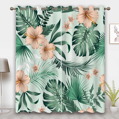 CHEFFS Tropische Blätter Vorhänge Grüne Palmblatt Pflanzen mit Blickdichte, Gardinen Blickdichter Grüne Palmblätter Blätter Verdunklungsgardine 2er Set (4,150 x 166cm(2X75X166cm)) von CHEFFS