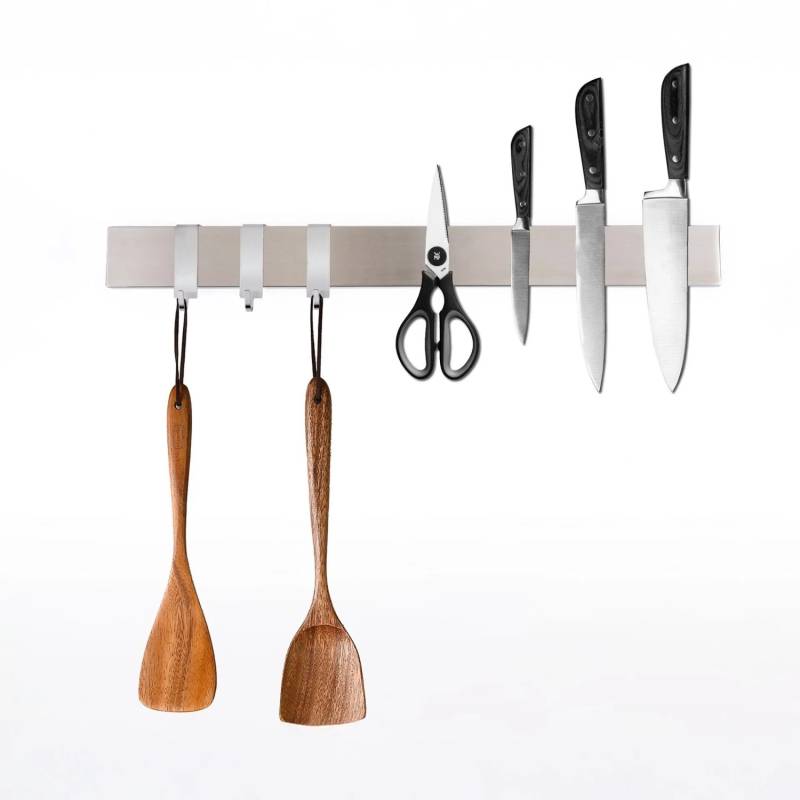 CHEFGASTRO Magnetleiste Magnetische Messerleiste Messerhalter Aus Stahl 4x40x1,6cm Mit 3 Silbernen Haken Silber Extra Stark von CHEFGASTRO