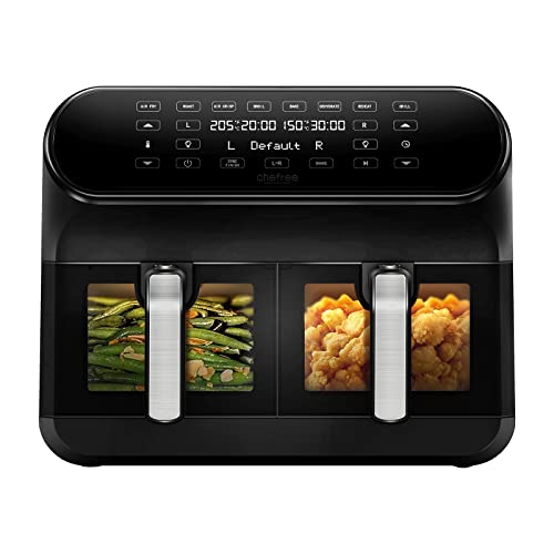 CHEFREE Dualer Heißluftfritteuse, 8L Familienformat für 6-8 Portionen, 2 Antihaft-Sichtfenster-Schubladen, 8-in-1 Smart-Multikocher, Max 205℃, Rösten, Grillen, Backen, Wenig Öl, 55dB, Schwarz, AFW20 von CHEFREE