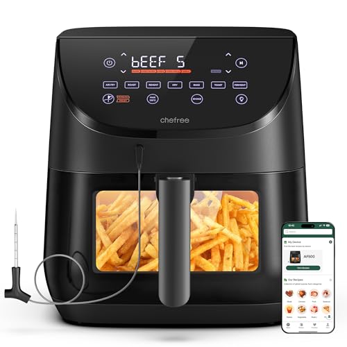 Chefree Heißluftfritteuse mit Sichtfenster, 6.5L Kapazität Airfryer,6-7 Portionen,8 in1,Drehfunktion,Thermometer-Sonde, Smart und Timer-Funktion,Antihaftbeschichtung, Spülmaschinenfest,Schwarz,AF500 von CHEFREE