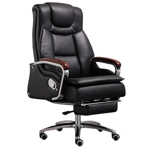 CHEKZ Ergonomischer Bürostuhl, Chefsessel Aus Echtleder Computerstuhl Schreibtischstuhl Drehstuhl Sessel Stuhl mit Hoher Rückenlehne, Fußstütze und Höhenverstellbar (Color : Black) von CHEKZ