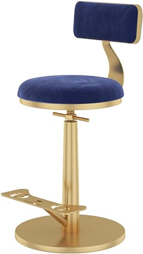 Verstellbarer runder Rollhocker, drehbarer Esszimmerstuhl, verstellbar mit abnehmbarer Rückenlehne, goldenes Metallpedal und runder Basis, Blau von CHEKZ