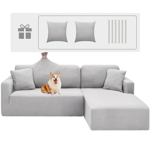 CHELZEN Elastische Peninsula Sofabezug, 2-Stucke Couchbezug Links/rechts Ecke, Chaise Longue Sofa Überwürfe mit Zwei Kissenbezügen, L Form Halbinsel Sofa Bezüge (1 Sitzer+2 Sitzer, Silbergrau) von CHELZEN