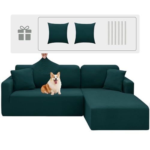 CHELZEN Elastische Peninsula Sofabezug, 2-Stucke Couchbezug Links/rechts Ecke, Chaise Longue Sofa Überwürfe mit Zwei Kissenbezügen, L Form Halbinsel Sofa Bezüge (2 Sitzer+2 Sitzer, Schwarzgrün) von CHELZEN