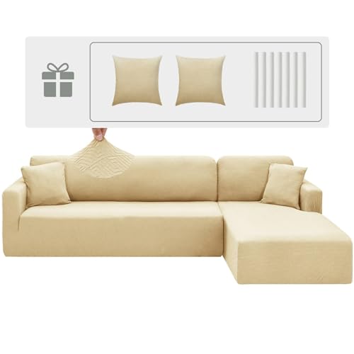 CHELZEN Elastische Peninsula Sofabezug, 2-Stucke Couchbezug Links/rechts Ecke, Chaise Longue Sofa Überwürfe mit Zwei Kissenbezügen, L Form Halbinsel Sofa Bezüge (2 Sitzer+3 Sitzer, Beige) von CHELZEN