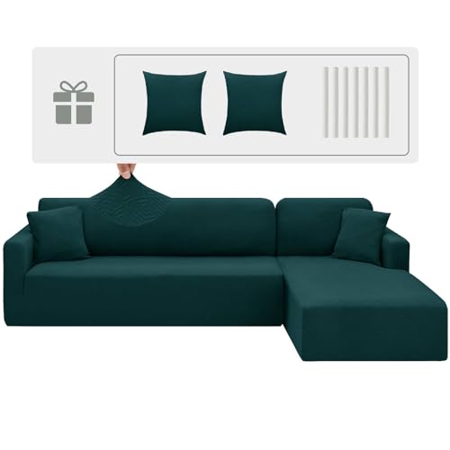 CHELZEN Elastische Peninsula Sofabezug, 2-Stucke Couchbezug Links/rechts Ecke, Chaise Longue Sofa Überwürfe mit Zwei Kissenbezügen, L Form Halbinsel Sofa Bezüge (2 Sitzer+3 Sitzer, Schwarzgrün) von CHELZEN