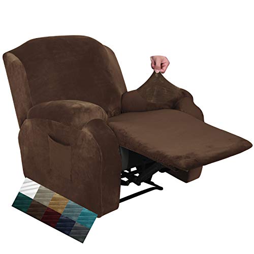 CHELZEN Samt 4-teilige Recliner Abdeckung Stretch Plüsch weiche Abdeckung für Recliner Stuhl Dicke weiche Recliner Stuhl Slipcover mit Seitentasche (Dunkler Kaffee) von CHELZEN