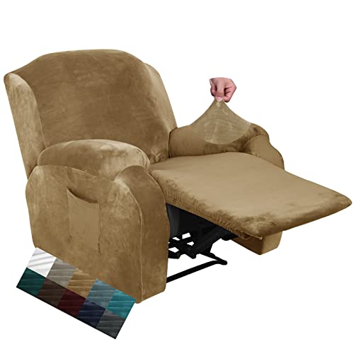 CHELZEN Samt 4-teilige Recliner Abdeckung Stretch Plüsch weiche Abdeckung für Recliner Stuhl Dicke weiche Recliner Stuhl Slipcover mit Seitentasche (Kamel) von CHELZEN