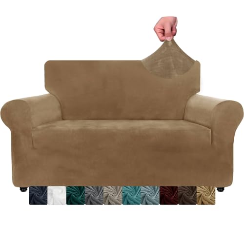 CHELZEN Samt Couchbezüge 2-Sitzer Dicke Stretch Sofa Bezüge für Hunde Haustiere rutschfeste Liebe Sitz Couch Slipcover Waschbare Möbel Schutz für Wohnzimmer (2 Sitzer, Kamel) von CHELZEN