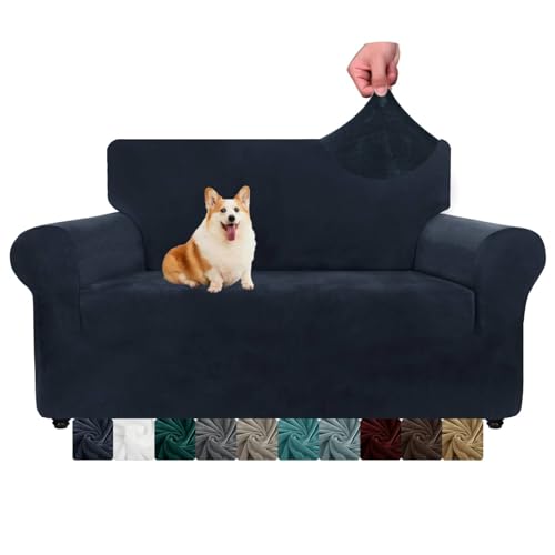 CHELZEN Samt Couchbezüge 2-Sitzer Dicke Stretch Sofa Bezüge für Hunde Haustiere rutschfeste Liebe Sitz Couch Slipcover Waschbare Möbel Schutz für Wohnzimmer (2 Sitzer, Navy Blau) von NC