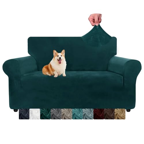 CHELZEN Samt Couchbezüge 2-Sitzer Dicke Stretch Sofa Bezüge für Hunde Haustiere rutschfeste Liebe Sitz Couch Slipcover Waschbare Möbel Schutz für Wohnzimmer (2 Sitzer, Schwarzgrün) von CHELZEN