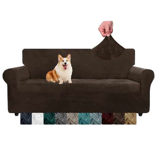 CHELZEN Samt Couchbezüge 3-Sitzer Dicke Stretch Sofa Bezüge für Hunde Haustiere rutschfeste Sofa Slipcover Waschbare Möbel Schutz für Wohnzimmer (3 Sitzer, Dunkler Kaffee) von NC