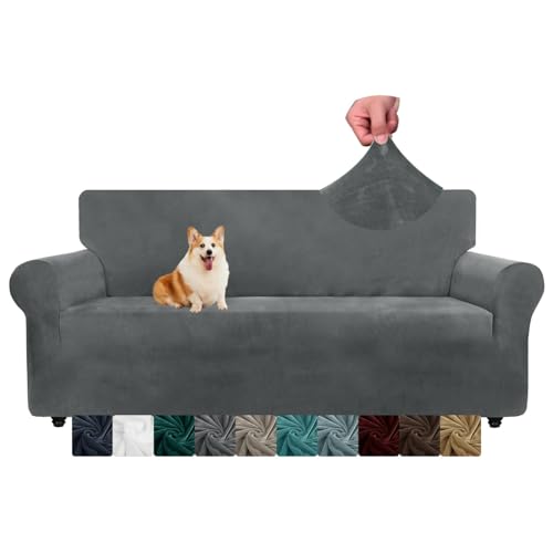 CHELZEN Samt Couchbezüge 3-Sitzer Dicke Stretch Sofa Bezüge für Hunde Haustiere rutschfeste Sofa Slipcover Waschbare Möbel Schutz für Wohnzimmer (3 Sitzer, Grau) von CHELZEN