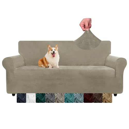 CHELZEN Samt Couchbezüge 3-Sitzer Dicke Stretch Sofa Bezüge für Hunde Haustiere rutschfeste Sofa Slipcover Waschbare Möbel Schutz für Wohnzimmer (3 Sitzer, Khaki) von NC