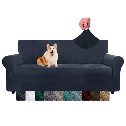 CHELZEN Samt Couchbezüge 3-Sitzer Dicke Stretch Sofa Bezüge für Hunde Haustiere rutschfeste Sofa Slipcover Waschbare Möbel Schutz für Wohnzimmer (3 Sitzer, Navy Blau) von NC