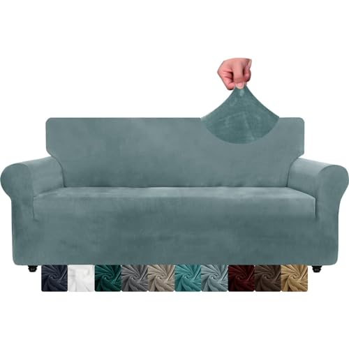 CHELZEN Samt Couchbezüge 3-Sitzer Dicke Stretch Sofa Bezüge für Hunde Haustiere rutschfeste Sofa Slipcover Waschbare Möbel Schutz für Wohnzimmer (3 Sitzer, Staubiges Blau) von CHELZEN