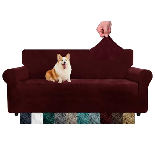 CHELZEN Samt Couchbezüge 3-Sitzer Dicke Stretch Sofa Bezüge für Hunde Haustiere rutschfeste Sofa Slipcover Waschbare Möbel Schutz für Wohnzimmer (3 Sitzer, Weinrot) von NC