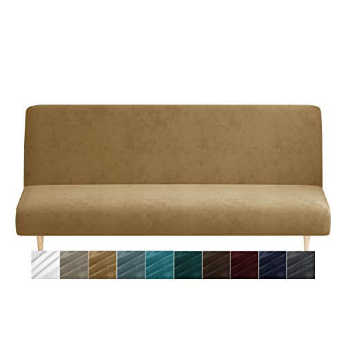 CHELZEN Samt Futon Abdeckung High Stretch Armless Couch Bezüge Spandex Stoff Sofa Bett Slipcover Anti Rutsch Möbel Schutz mit elastischer Boden Maschine Waschbar (Kamel) von CHELZEN