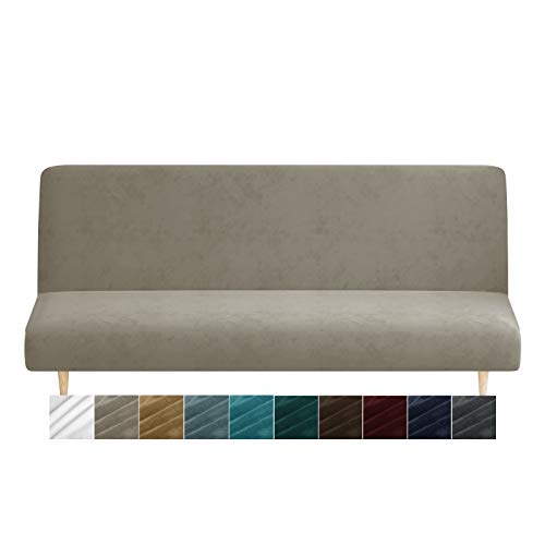 CHELZEN Samt Futon Abdeckung High Stretch Armless Couch Bezüge Spandex Stoff Sofa Bett Slipcover Anti Rutsch Möbel Schutz mit elastischer Boden Maschine Waschbar (Khaki) von CHELZEN