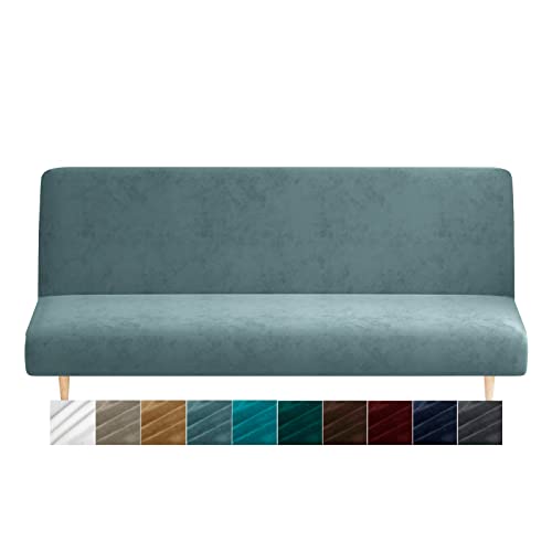 CHELZEN Samt Futon Abdeckung High Stretch Armless Couch Bezüge Spandex Stoff Sofa Bett Slipcover Anti Rutsch Möbel Schutz mit elastischer Boden Maschine Waschbar (Staubiges Blau) von CHELZEN