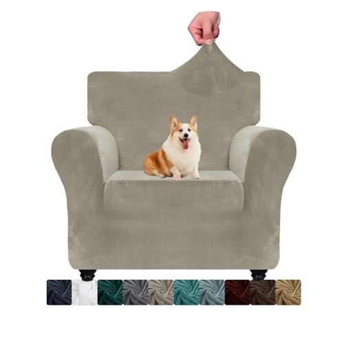 CHELZEN Samt Stuhlabdeckungen für Sessel 1 Sitzer Dicke Stretch Couchbezüge für Hunde Haustiere rutschfeste Stuhlabdeckung mit Armmöbeln Schutz für Wohnzimmer (1 Sitzer, Khaki) von NC
