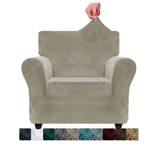 CHELZEN Samt Stuhlabdeckungen für Sessel 1 Sitzer Dicke Stretch Couchbezüge für Hunde Haustiere rutschfeste Stuhlabdeckung mit Armmöbeln Schutz für Wohnzimmer (1 Sitzer, Khaki) von CHELZEN