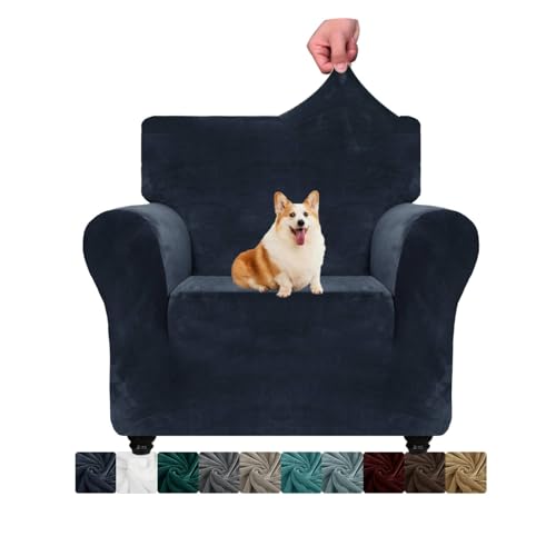 CHELZEN Samt Stuhlabdeckungen für Sessel 1 Sitzer Dicke Stretch Couchbezüge für Hunde Haustiere rutschfeste Stuhlabdeckung mit Armmöbeln Schutz für Wohnzimmer (1 Sitzer, Navy Blau) von NC
