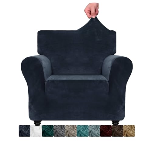 CHELZEN Samt Stuhlabdeckungen für Sessel 1 Sitzer Dicke Stretch Couchbezüge für Hunde Haustiere rutschfeste Stuhlabdeckung mit Armmöbeln Schutz für Wohnzimmer (1 Sitzer, Navy Blau) von CHELZEN