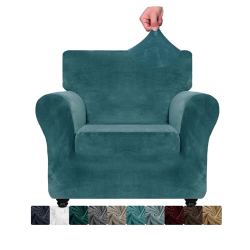 CHELZEN Samt Stuhlabdeckungen für Sessel 1 Sitzer Dicke Stretch Couchbezüge für Hunde Haustiere rutschfeste Stuhlabdeckung mit Armmöbeln Schutz für Wohnzimmer (1 Sitzer, Pfauen Blau) von CHELZEN