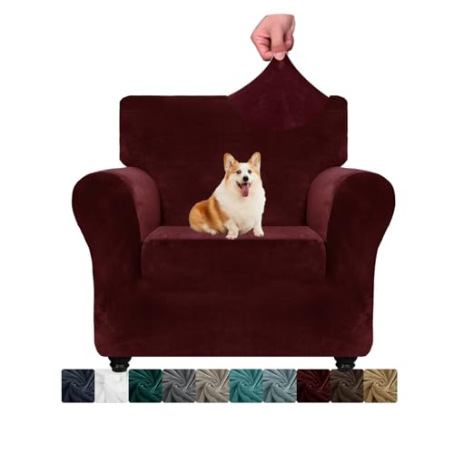 CHELZEN Samt Stuhlabdeckungen für Sessel 1 Sitzer Dicke Stretch Couchbezüge für Hunde Haustiere rutschfeste Stuhlabdeckung mit Armmöbeln Schutz für Wohnzimmer (1 Sitzer, Weinrot) von CHELZEN