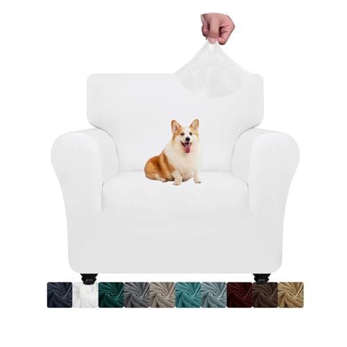 CHELZEN Samt Stuhlabdeckungen für Sessel 1 Sitzer Dicke Stretch Couchbezüge für Hunde Haustiere rutschfeste Stuhlabdeckung mit Armmöbeln Schutz für Wohnzimmer (1 Sitzer, Weiß) von NC