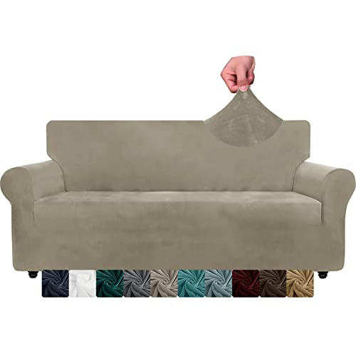 CHELZEN Velvet Extra Große Sofabezüge 4-Sitzer Dicke Stretch übergroße Sofabezüge für Hunde Haustiere rutschfeste XL Sofa Slipcover Waschbare Möbel Protektor (4 Sitzer, Khaki) von NC