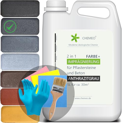 CHEMEO® Betonfarbe außen Frostsicher | Betonplatten, Terrassen und Pflastersteine Streichen | ANTHRAZIT Betonpflaster Farbe 5 liter für 30m2 | Bürste, Handschuhe und Tücher GRATIS von CHEMEO
