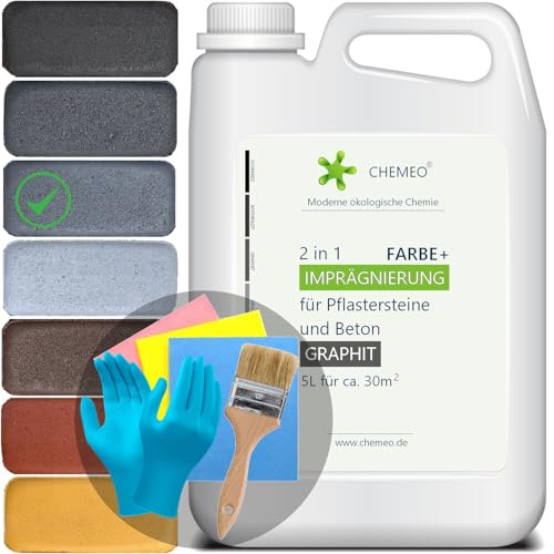 CHEMEO® Betonfarbe außen Frostsicher | Betonplatten, Terrassen und Pflastersteine Streichen | GRAPHIT Betonpflaster Farbe 5 liter für 30m2 | Bürste, Handschuhe und Tücher GRATIS von CHEMEO